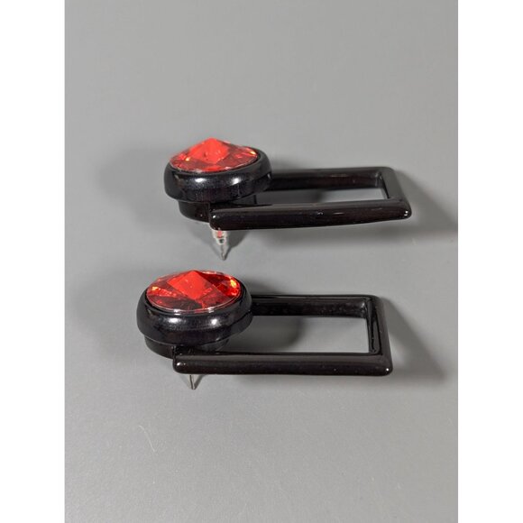 Black Red Geometric Rivoli Rhinestone Drop Earrings Statement Bold 80s - Picture 6 of 9